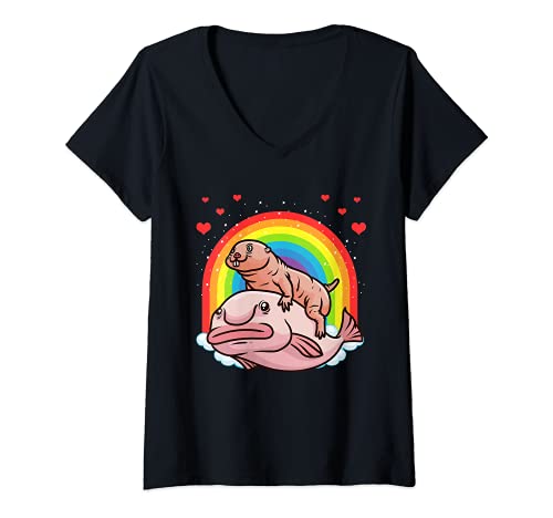 Damen Nacktmull Blobfisch mit Regenbogen T-Shirt mit V-Ausschnitt von Nacktmull und Blobfisch Geschenke