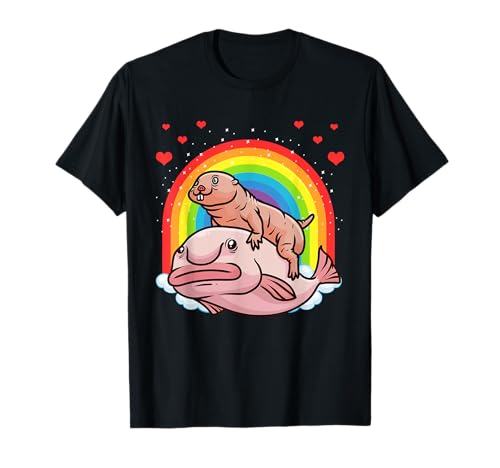 Nacktmull und Blobfisch Geschenke Unisex Kinder und Erwachsene T-Shirt Schwarz S Klassische Passform Kurzarm Cartoon mit Regenbogen Graphic von Nacktmull und Blobfisch Geschenke