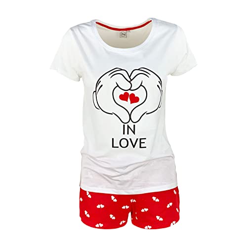 Kurzer Schlafanzug für Damen, Disney, Mickey Maus, T-Shirt und Shorts aus Baumwolle 4970, Weiß, L von Nada Home