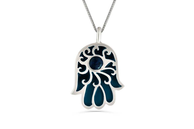 Hand Der Fatima Halskette Aus 925 Sterling Silber Mit Natürlichen Lapis Stein Und Kaltemaille von NadavArtJudaica