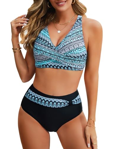 Nadeer Bikini Damen Set Sexy V Ausschnitt Push Up Bikini Zweiteiliger Badeanzug Crossover Hohe Taille Bikini Bademode Strand Bikini(Gedrucktes Muster,L) von Nadeer