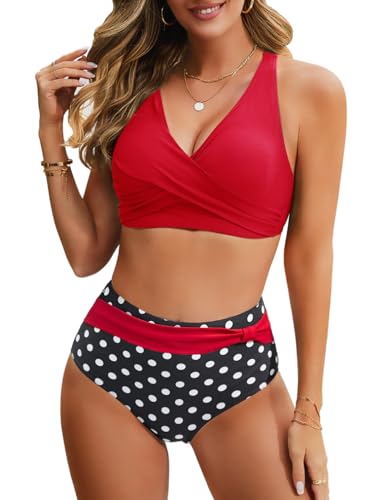 Nadeer Bikini Damen Set Sexy V Ausschnitt Push Up Bikini Zweiteiliger Badeanzug Crossover Hohe Taille Bikini Bademode Strand Bikini(Rot,M) von Nadeer