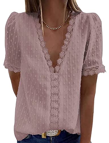 Nadeer Damen Bluse Spitzen Hemd V Ausschnitt Elegant Spitze Kurzärmel Tunika Dame Blusen Sommer Tops Jacquard Oberteile S-XL von Nadeer