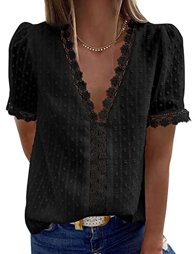 Nadeer Damen Bluse Spitzen Hemd V Ausschnitt Elegant Spitze Kurzärmel Tunika Dame Blusen Sommer Tops Jacquard Oberteile S-XL von Nadeer