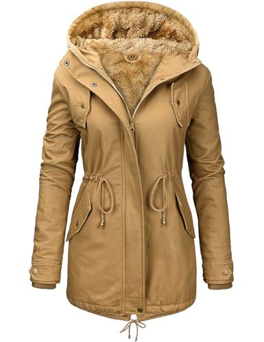 Nadeer Damen Jacke Winter Lang Warm Gefüttert Winterparka Funktionsjacke Steppjacke Wintermantel Langarm Hoodie Kapuzenpullover(Khaki,XL) von Nadeer