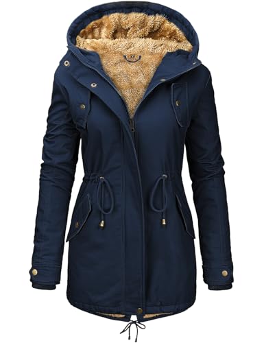 Nadeer Damen Jacke Winter Lang Warm Gefüttert Winterparka Funktionsjacke Steppjacke Wintermantel Langarm Hoodie Kapuzenpullover(Marineblau,L) von Nadeer
