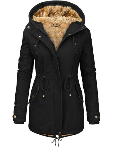Nadeer Damen Jacke Winter Lang Warm Gefüttert Winterparka Funktionsjacke Steppjacke Wintermantel Langarm Hoodie Kapuzenpullover(Schwarz,S) von Nadeer