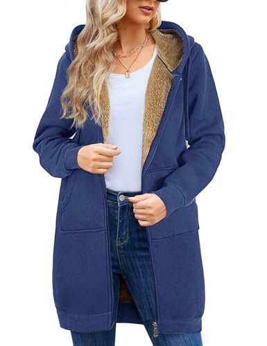 Nadeer Damen Mantel Plüschjacke mit Kapuze Lang Gefüttert Hoodies Plüsch Reißverschluss Mittellang Lässig Warm Fleece Sweatshirt Winter Übergroße Langarm Dehnbare Jacke mit Taschen(Blau,S) von Nadeer