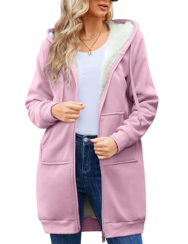 Nadeer Damen Mantel Plüschjacke mit Kapuze Lang Gefüttert Hoodies Plüsch Reißverschluss Mittellang Lässig Warm Fleece Sweatshirt Winter Übergroße Langarm Dehnbare Jacke mit Taschen(Rosa,XL) von Nadeer