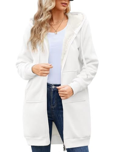 Nadeer Damen Mantel Plüschjacke mit Kapuze Lang Gefüttert Hoodies Plüsch Reißverschluss Mittellang Lässig Warm Fleece Sweatshirt Winter Übergroße Langarm Dehnbare Jacke mit Taschen(Weiß,S) von Nadeer