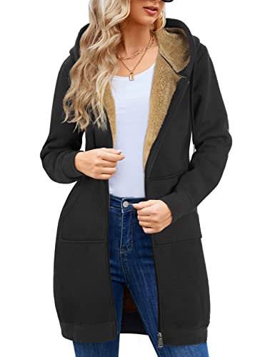 Nadeer Damen Mantel Plüschjacke mit Kapuze Lang Gefüttert Hoodies Plüsch Reißverschluss Mittellang Lässig Warm Fleece Sweatshirt Winter Übergroße Langarm Dehnbare Jacke mit Taschen von Nadeer