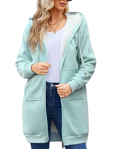 Nadeer Damen Mantel Plüschjacke mit Kapuze Lang Gefüttert Hoodies Plüsch Reißverschluss Mittellang Lässig Warm Fleece Sweatshirt Winter Übergroße Langarm Dehnbare Jacke mit Taschen von Nadeer