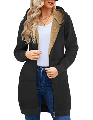 Nadeer Damen Mantel Plüschjacke mit Kapuze Lang Gefüttert Hoodies Plüsch Reißverschluss Mittellang Lässig Warm Fleece Sweatshirt Winter Übergroße Langarm Dehnbare Jacke mit Taschen von Nadeer