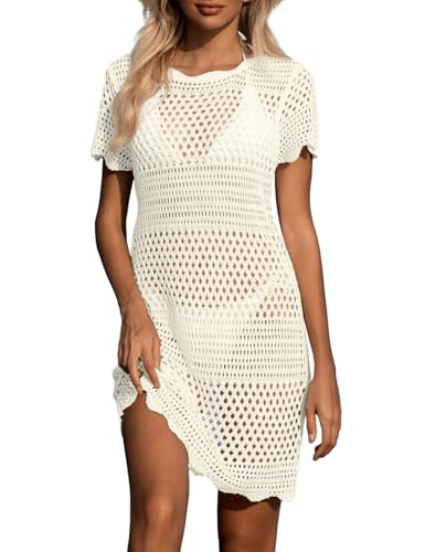 Nadeer Damen Strandkleid Gestrickte Bikini Cover Up Cutout Bademode Crochet Dress Rundausschnitt Strandponcho Sommer(Beige,L) von Nadeer