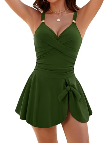 Nadeer Einteiliger Badeanzug Damen V-Ausschnitt Ruched Bauchweg Bademode Push Up Badeanzugkleid Schwimmanzug Elegant Metall Krawattenknoten Swimsuit von Nadeer
