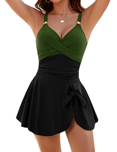 Nadeer Einteiliger Badeanzug Damen V-Ausschnitt Ruched Bauchweg Bademode Push Up Badeanzugkleid Schwimmanzug Elegant Metall Krawattenknoten Swimsuit von Nadeer