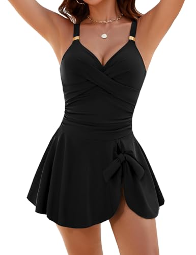 Nadeer Einteiliger Badeanzug Damen V-Ausschnitt Ruched Bauchweg Bademode Push Up Badeanzugkleid Schwimmanzug Elegant Metall Krawattenknoten Swimsuit von Nadeer