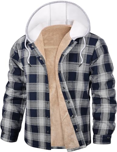 Nadeer Flanellhemd Herren Gefüttert Holzfällerjacke mit Kapuze Verdicken Kariertes Winterjacke mit Taschen Freizeit Hemdjacke(Blau-weiß,M) von Nadeer