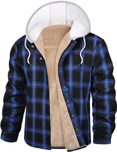 Nadeer Flanellhemd Herren Gefüttert Holzfällerjacke mit Kapuze Verdicken Kariertes Winterjacke mit Taschen Freizeit Hemdjacke(Blauschwarz,M) von Nadeer