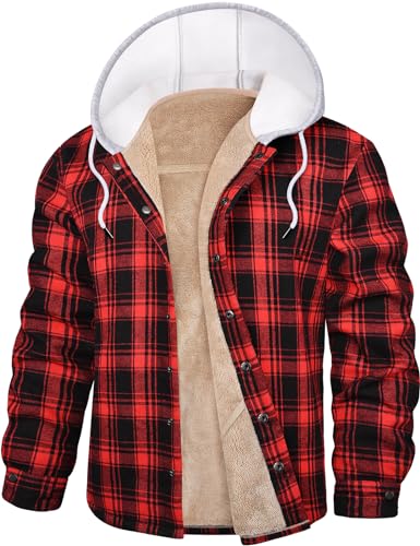 Nadeer Flanellhemd Herren Gefüttert Holzfällerjacke mit Kapuze Verdicken Kariertes Winterjacke mit Taschen Freizeit Hemdjacke(Schwarz-rot,XXL) von Nadeer