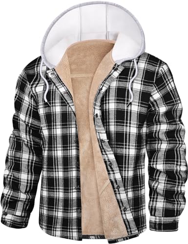 Nadeer Flanellhemd Herren Gefüttert Holzfällerjacke mit Kapuze Verdicken Kariertes Winterjacke mit Taschen Freizeit Hemdjacke(Schwarz-weiß,M) von Nadeer