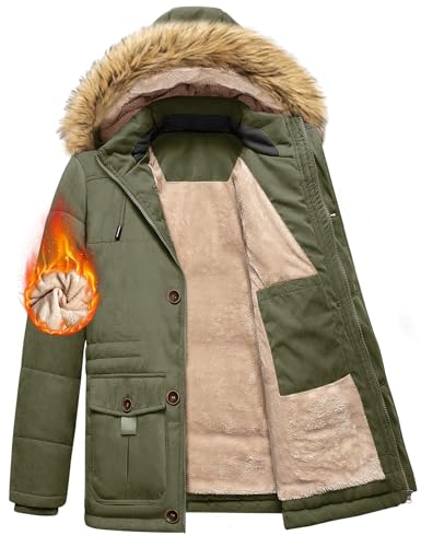 Nadeer Herren Jacken Mantel Lang Winterjacke Sherpa Gefüttert Winterparka mit Abnehmbar Kapuze Warm Fleecejacke für Winter Outdoor(Armeegrün,XL) von Nadeer