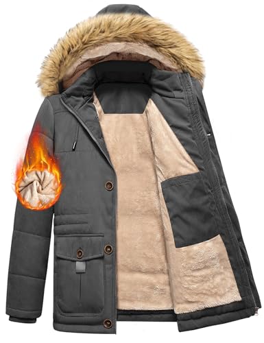 Nadeer Herren Jacken Mantel Lang Winterjacke Sherpa Gefüttert Winterparka mit Abnehmbar Kapuze Warm Fleecejacke für Winter Outdoor(Grau,M) von Nadeer