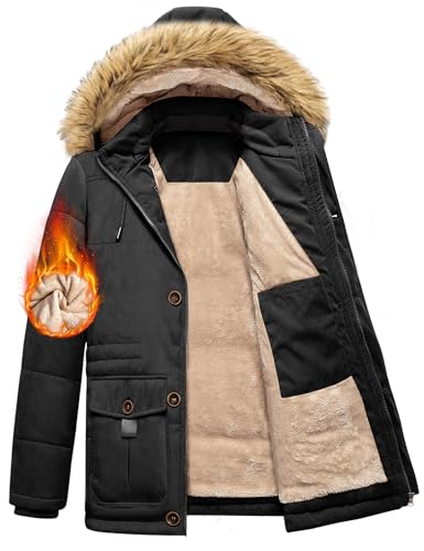 Nadeer Herren Jacken Mantel Lang Winterjacke Sherpa Gefüttert Winterparka mit Abnehmbar Kapuze Warm Fleecejacke für Winter Outdoor(Schwarz,XL) von Nadeer