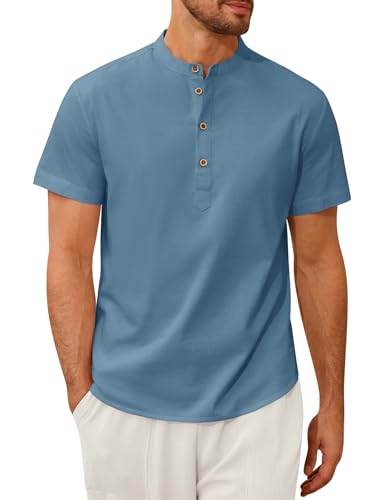 Nadeer Herren Sommerhemd Baumwolle Leinen Kurzarm Hemd Henley Shirt Freizeithemd Casual Leicht Beach Shirt Regular Fit von Nadeer