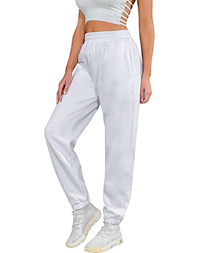 Nadeer Jogginghose Damen Sporthose Frauen Baumwolle Lang Sweatpants Slim Fit Lässige Lose Freizeithose Laufhosen High Waist Modern Damen Lang für Gym Trainings Frauen(Weiß, L) von Nadeer