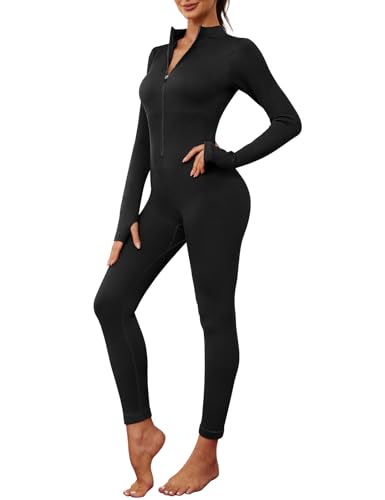 Nadeer Jumpsuit Damen Langarm Einteiler Yoga Bodysuit Overall Sport Bodycon Strampler Stretch Playsuits Reißverschluss V-Ausschnitt Gym Set(Schwarz,M) von Nadeer