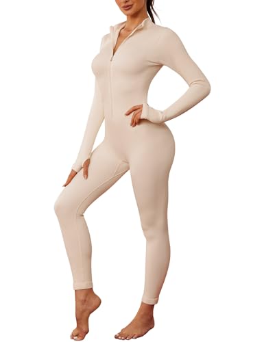 Nadeer Jumpsuit Damen Langarm Yoga Bodysuit Overall Stretch Playsuits mit Reißverschluss V-Ausschnitt Eng Sport Bodycon Strampler(Beige,L) von Nadeer