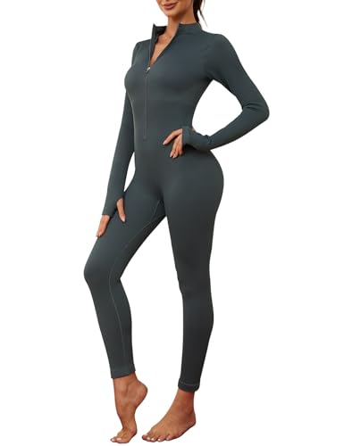 Nadeer Jumpsuit Damen Langarm Yoga Bodysuit Overall Stretch Playsuits mit Reißverschluss V-Ausschnitt Eng Sport Bodycon Strampler(Grau,S) von Nadeer