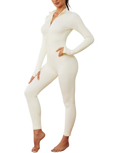 Nadeer Jumpsuit Damen Langarm Yoga Bodysuit Overall Stretch Playsuits mit Reißverschluss V-Ausschnitt Eng Sport Bodycon Strampler(Weiß,L) von Nadeer