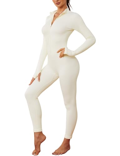 Nadeer Jumpsuit Damen Langarm Yoga Bodysuit Overall Stretch Playsuits mit Reißverschluss V-Ausschnitt Eng Sport Bodycon Strampler(Weiß,M) von Nadeer