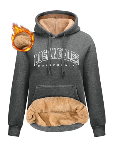 Nadeer Kapuzenpullover Damen Sweatshirt Winter Hoodie Sherpa Gefüttert Fleecepullover mit Taschen Los Angeles Casual Oberteile Tops(Dunkelgrau,XXL) von Nadeer