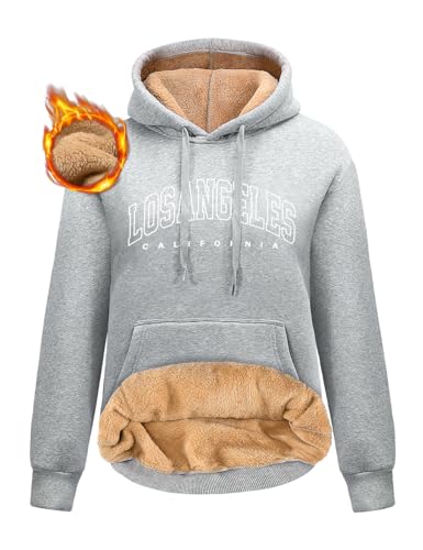 Nadeer Kapuzenpullover Damen Sweatshirt Winter Hoodie Sherpa Gefüttert Fleecepullover mit Taschen Los Angeles Casual Oberteile Tops(Hellgrau,XL) von Nadeer