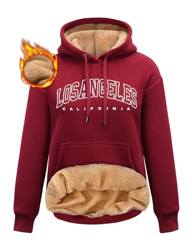 Nadeer Kapuzenpullover Damen Sweatshirt Winter Hoodie Sherpa Gefüttert Fleecepullover mit Taschen Los Angeles Casual Oberteile Tops(Weinrot,L) von Nadeer