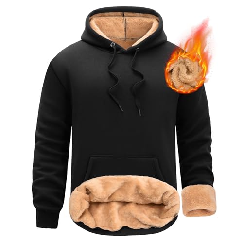 Nadeer Kapuzenpullover Herren Kapuzen Sweatshirt Sherpa Gefüttert Hoodie mit Känguru Tasche Winter Warme Pullover Thermo Fleecepullover(Schwarz,L) von Nadeer