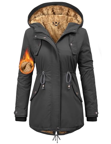 Nadeer Mantel Damen Winterjacke Lang Parka Gefüttert Wintermantel Wasserdicht mit Kapuze Warm Winterparka(Dunkelgrau,L) von Nadeer
