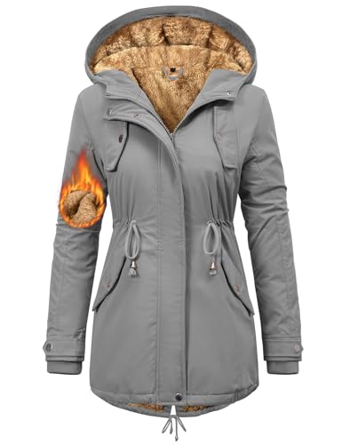 Nadeer Mantel Damen Winterjacke Lang Parka Gefüttert Wintermantel Wasserdicht mit Kapuze Warm Winterparka(Hellgrau,L) von Nadeer
