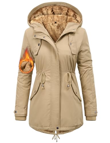 Nadeer Mantel Damen Winterjacke Lang Parka Gefüttert Wintermantel Wasserdicht mit Kapuze Warm Winterparka(Khaki,S) von Nadeer