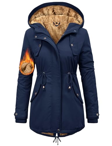 Nadeer Mantel Damen Winterjacke Lang Parka Gefüttert Wintermantel Wasserdicht mit Kapuze Warm Winterparka(Marineblau,S) von Nadeer