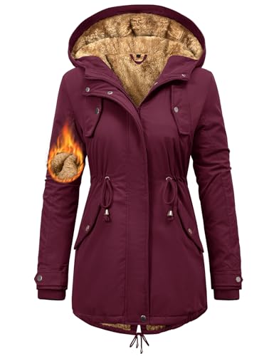 Nadeer Mantel Damen Winterjacke Lang Parka Gefüttert Wintermantel Wasserdicht mit Kapuze Warm Winterparka(Weinrot,M) von Nadeer