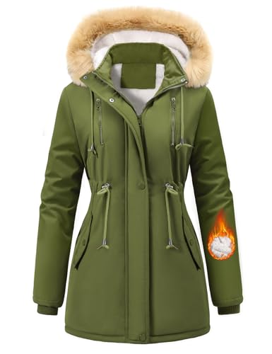 Nadeer Parka Damen Lang Mantel Gefüttert Winterjacke Wintermantel mit Abnehmbar Kapuze und Taschen Warm Winterparka(Armeegrün,L) von Nadeer