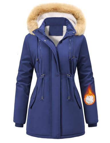 Nadeer Parka Damen Lang Mantel Gefüttert Winterjacke Wintermantel mit Abnehmbar Kapuze und Taschen Warm Winterparka(Marineblau,L) von Nadeer