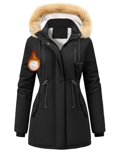 Nadeer Parka Damen Lang Mantel Gefüttert Winterjacke Wintermantel mit Abnehmbar Kapuze und Taschen Warm Winterparka(Schwarz,S) von Nadeer