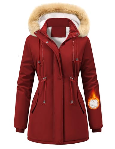 Nadeer Parka Damen Lang Mantel Gefüttert Winterjacke Wintermantel mit Abnehmbar Kapuze und Taschen Warm Winterparka(Weinrot,XL) von Nadeer