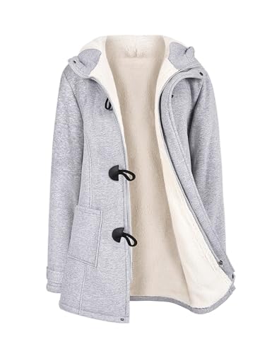 Nadeer Plüsch Jacken Für Damen Mantel Trenchcoat Kapuzenjacke Hornknöpfe Winter Parka Wollmäntel Winterjacke Fleece Hoodie Coat Kapuzen Wintermantel (Hellgrau,XL) von Nadeer