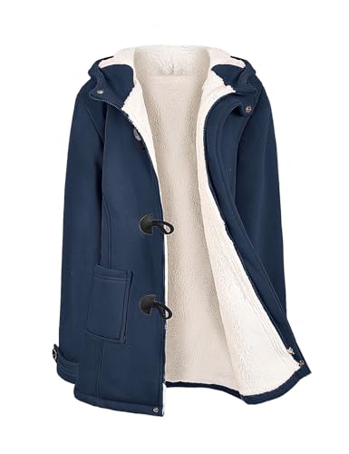 Nadeer Plüsch Jacken Für Damen Mantel Trenchcoat Kapuzenjacke Hornknöpfe Winter Parka Wollmäntel Winterjacke Fleece Hoodie Coat Kapuzen Wintermantel (Marineblau,M) von Nadeer